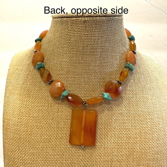Gorgeous Genuine Carnelian / Agate Gemstone and turquoise chips, silver tone - Picture 7 of 12